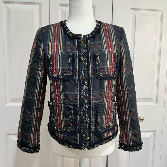 🤎 J. Crew Women’s Quilted Jacket Stewart Plaid Braided Trim Collarless Lined - 6 - Picture 8 of 11